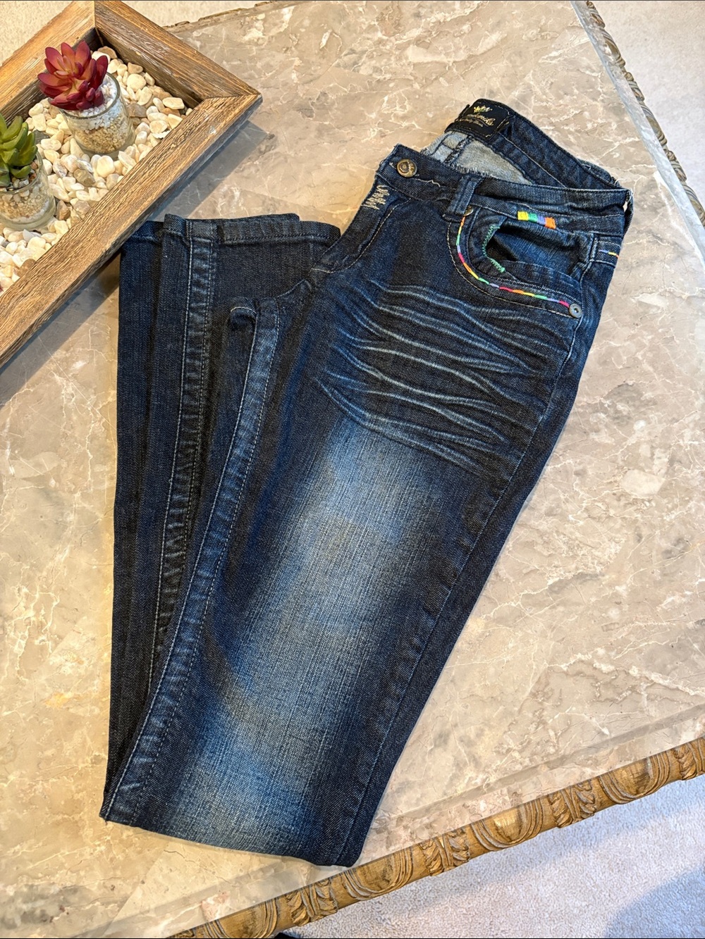 Akademiks vintage women’s Slim Straight Jeans with Colorful Pocket Trim